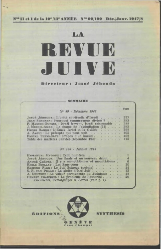 La Revue Juive de Genève. Vol. 10-11 n°11-01  fasc. 99-100 (décembre 1947 janvier 1948)